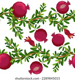 Pomegranate branches with fruits and flowers Seamless pattern. Bright leaves and fruits, seeds and lobules. Shana Tova seamless pattern. Jewish New Year with Rosh Hashanah, Yalda