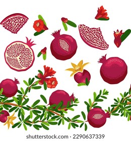 Pomegranate branches with fruits and flowers Seamless pattern. Bright leaves and fruits, seeds and lobules. Shana Tova seamless pattern. Jewish New Year with Rosh Hashanah, Yalda