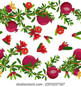 Pomegranate branches with fruits and flowers Seamless pattern. Bright leaves and fruits, seeds and lobules. Shana Tova seamless pattern. Jewish New Year with Rosh Hashanah, Yalda