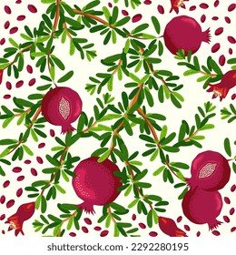 Pomegranate branches with fruits and flowers Seamless pattern. Bright leaves and fruits, seeds and lobules. Shana Tova seamless pattern. Jewish New Year with Rosh Hashanah, Yalda