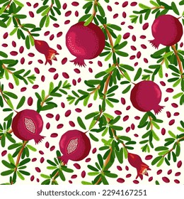 Pomegranate branches with fruits and flowers Seamless pattern. Bright leaves and fruits, seeds and lobules. Shana Tova seamless pattern. Jewish New Year with Rosh Hashanah, Yalda