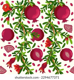 Pomegranate branches with fruits and flowers Seamless pattern. Bright leaves and fruits, seeds and lobules. Shana Tova seamless pattern. Jewish New Year with Rosh Hashanah, Yalda