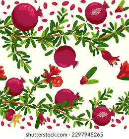 Pomegranate branches with fruits and flowers Seamless pattern. Bright leaves and fruits, seeds and lobules. Shana Tova seamless pattern. Jewish New Year with Rosh Hashanah, Yalda