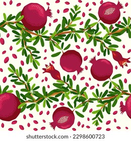 Pomegranate branches with fruits and flowers Seamless pattern. Bright leaves and fruits, seeds and lobules. Shana Tova seamless pattern. Jewish New Year with Rosh Hashanah, Yalda