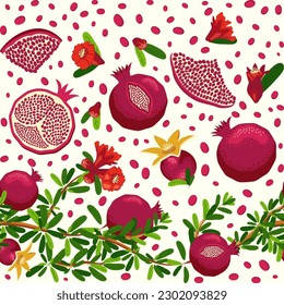 Pomegranate branches with fruits and flowers Seamless pattern. Bright leaves and fruits, seeds and lobules. Shana Tova seamless pattern. Jewish New Year with Rosh Hashanah, Yalda
