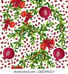 Pomegranate branches with fruits and flowers Seamless pattern. Bright leaves and fruits, seeds and lobules. Shana Tova seamless pattern. Jewish New Year with Rosh Hashanah, Yalda