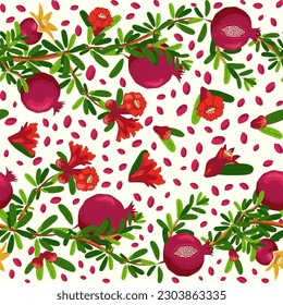 Pomegranate branches with fruits and flowers Seamless pattern. Bright leaves and fruits, seeds and lobules. Shana Tova seamless pattern. Jewish New Year with Rosh Hashanah, Yalda