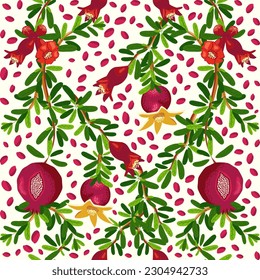 Pomegranate branches with fruits and flowers Seamless pattern. Bright leaves and fruits, seeds and lobules. Shana Tova seamless pattern. Jewish New Year with Rosh Hashanah, Yalda