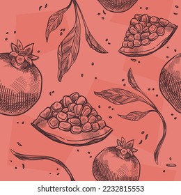 Pomegranate with branches with leaves. Tasty and ripe organic nutritional product for snack and dieting. Seamless pattern or print, wallpaper background monochrome sketch. Vector in flat style