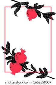 Pomegranate branches for template with text. Red fruits hanging on twig with leaves.  Summer fruit background template for invitation, poster and banner. Botanical illustration.