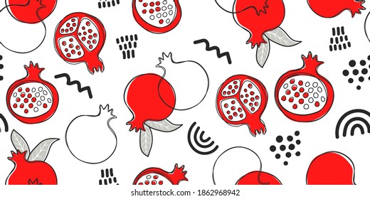Pomegranate bright ligh seamless pattern. Hand-drawn vector pomegranates on white background for fabric, drawing labels, print on t-shirt, wallpaper of children's room, fruit cheerful background. 