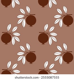 Pomegranate burgundy fruit pattern mocha mousse, stylized contour drawing.
