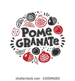 Pomegranate card. Whole, half, sliced, bitten fruits. Ink hand drawn vector illustration. Can be used for cafe, menu, shop, bar, restaurant, poster, sticker, logo, detox diet concept, farmers market