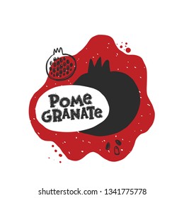 Pomegranate card. Whole, half, sliced, bitten fruits. Ink hand drawn vector illustration for cafe, menu, shop, bar, restaurant, poster, sticker, logo, detox diet concept, farmers market