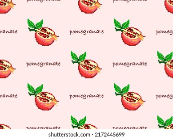 Pomegranate cartoon character seamless pattern on pink background. Pixel style