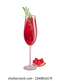 Pomegranate champagne .Christmas cocktail of mimosa with champagne and pomegranate, decorated with rosemary.