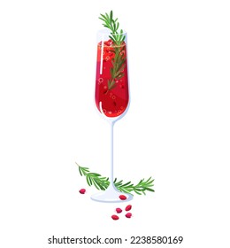 Pomegranate Champagne cocktail with rosemary isolated on white background. Christmas Winter holiday party drink vector flat illustration