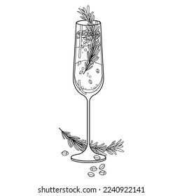 Pomegranate Champagne cocktail with rosemary outline vector isolated on white background. Christmas Winter holiday party drink black line art illustration