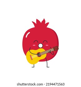 Pomegranate character cartoon fruit cheerful plays the guitar sings cute funny face happy joy emotions icon vector illustration.