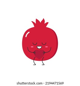 Pomegranate character cartoon fruit cute smiling face love sign heart favorite emotions icon vector illustration.