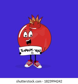 Pomegranate Character design holding card with text thank you. Hand drawn text Thank you on illustration in kids doodle style. Picture with vector funny fruits and placard