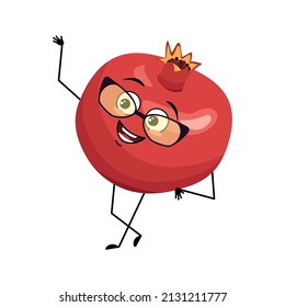 Pomegranate character with happy emotion and glasses, joyful face, smile eyes, arms and legs. Person with happy expression, red fruit emoticon. Vector flat illustration