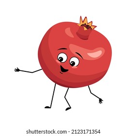 Pomegranate character with happy emotion, joyful face, smile eyes, arms and legs. Person with happy expression, red fruit emoticon. Vector flat illustration