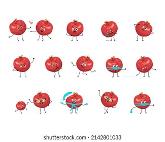 Pomegranate character with happy or sad emotions, panic, loving or brave face, hands and legs. Cheerful red exotic fruit, tropical person with mask, glasses or hat. Vector flat illustration 