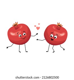 Pomegranate character with love emotions, smile face, arms and legs. Person with happy expression, tropical fruit emoticon. Vector flat illustration