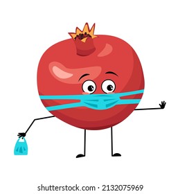 Pomegranate character with sad emotions, face and mask keep distance, hands with shopping bag and stop gesture. Person with care expression, fruit emoticon. Vector flat illustration