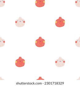 Pomegranate character seamless pattern with smiley face. Hand-drawn cartoon doodle in simple naive style. Vector illustrations in a pastel palette for kids. Isolate cute fruit on a white background