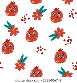 Carácter granado patrón sin fisuras. Granada con cara sonriente y flores. Textura creativa para tela, embalaje, textiles, papel pintado, ropa. Ilustración vectorial para los niños. Fruto dulce 