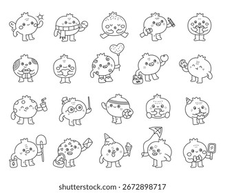 Pomegranate character set in outline line art showing funny emotions and different poses with fairy, reading, study, sport, food, valentine, celebration, smartphone, kite, gift