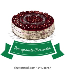 Pomegranate Cheesecake colorful illustration. Vector illustration of Persian cuisine.