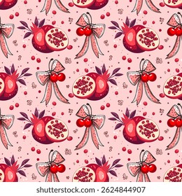 Pomegranate and Cherries with Bows Seamless Pattern. Fruit and Ribbon Vector Design on Pink Background