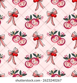 Pomegranate and Cherry Bow Seamless Pattern on Pink Plaid. Cute Fruit and Ribbon Vector Design with Grid Background