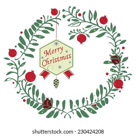 Pomegranate Christmas wreath, vector illustration isolated on white