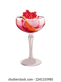 Pomegranate cocktail.Alcoholic cocktail with pomegranate seeds, orange peel, ice.Festive red-ruby cocktail.