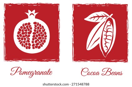 Pomegranate and Cocoa Beans icons. EPS 10