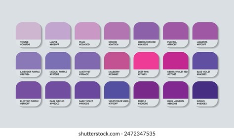 Pomegranate Color Palette, Pomegranate Color Guide Palette with Color Names. Catalog Samples of pomegranate with RGB HEX codes and Names. Purple Colors Palette Vector, Plastic Purple Color Palette