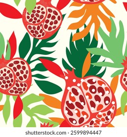 pomegranate with colorful leaves, white icing, green leaves seamless pattern. It is good for decorations, tiles, fabric, textile and more.