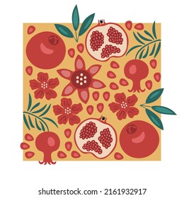 Pomegranate colorful summer square card, elements collection. Bright fruit vector illustration with elements, leaves, flowers, seeds, branches. Cute decorative elements set