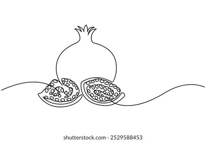 Granada en dibujo continuo de una sola línea. Un dibujo de línea de fruta. Contorno de fruta feliz de Shana Tova con trazo editable. Dibujo lineal continuo de granada. Granate de dibujo de una línea