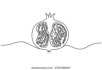 Pomegranate in Continuous single one line drawing. One line drawing of fruit. Happy Shana Tova Fruit contour with editable stroke. Continuous linear drawing of pomegranate. One line drawing garnet