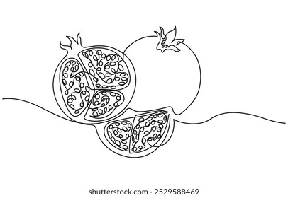 Romã em desenho contínuo de uma única linha. Um desenho de linha de fruta. Contorno feliz Shana Tova Fruit com traço editável. Desenho linear contínuo de romã. Uma granada de desenho de linha