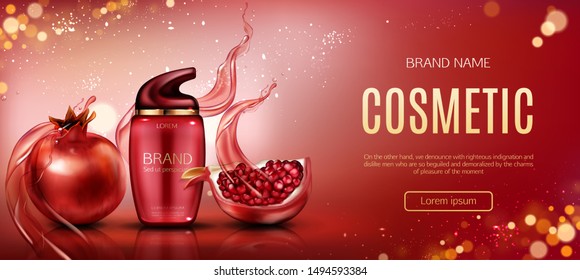 Pomegranate cosmetic mock up banner, pump bottle with ripe garnet and water splashes, beauty skin care cosmetics product tube package design mockup promo poster Realistic 3d vector illustration, ad