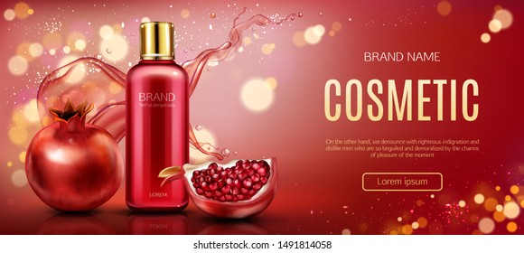 Pomegranate cosmetics mock up banner, bottle with ripe garnet and water splashes, beauty skin care cosmetics product tube package design mockup promo poster Realistic 3d vector illustration, ad banner