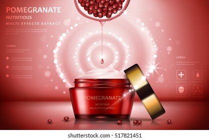 Pomegranate cream ads, attractive fruit ingredients with cosmetic package and sparkling effects, 3d illustration