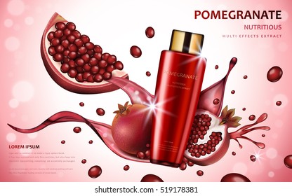 Pomegranate cream ads, attractive fruit ingredients with cosmetic package and splash effects, 3d illustration