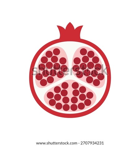 Pomegranate cross-section displaying vibrant red arils (seeds) and rind, a healthy fruit flat vector illustration for cooking and diet.